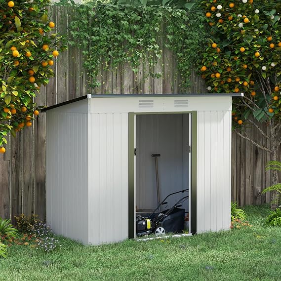 Outsunny 8' x 4' Metal Lean to Garden Shed Outdoor White | Outdoor Storage Shed, Garden Tool House, Double Sliding Doors, 2 Air Vents, Backyard Patio Lawn