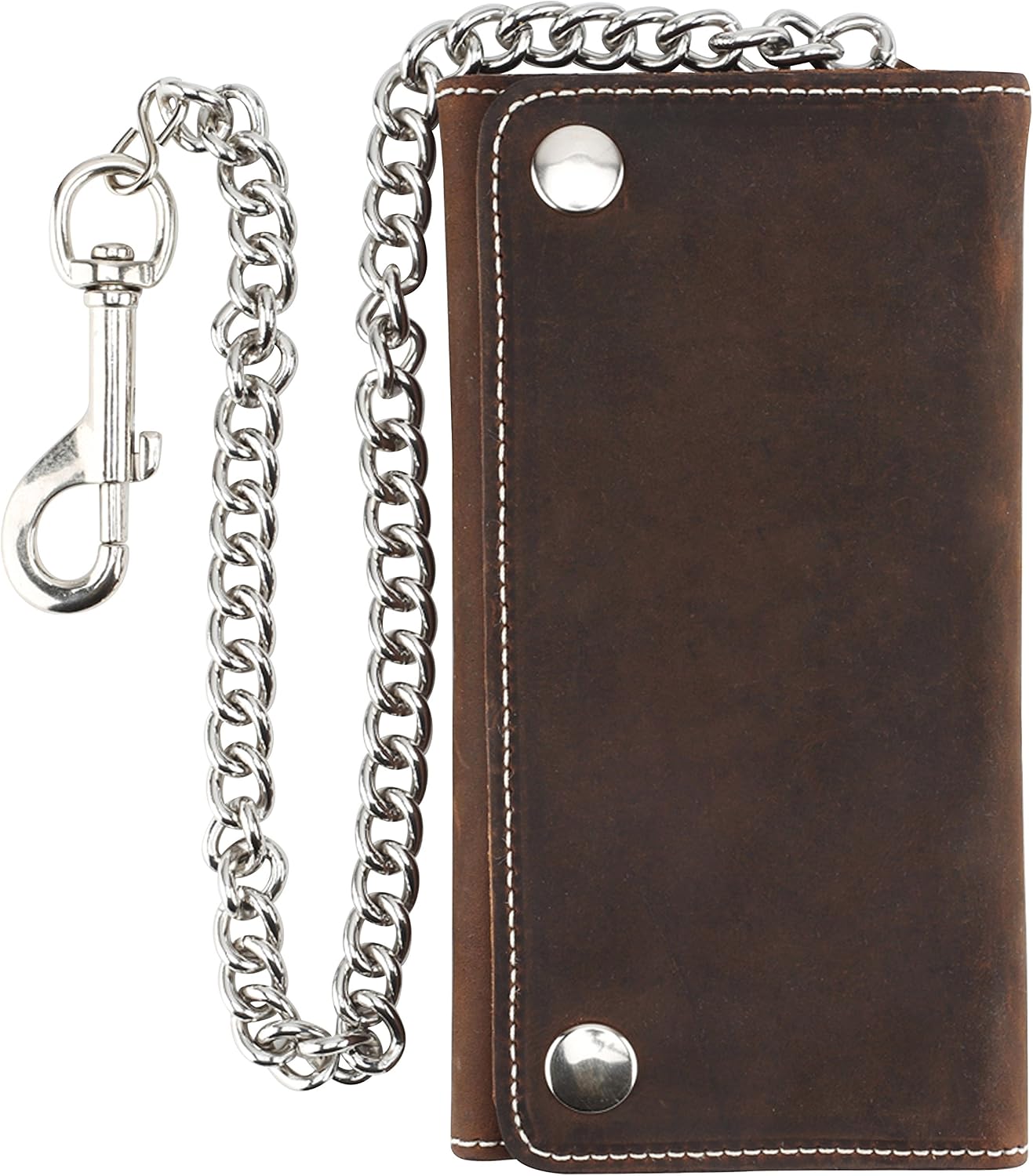 Mens Tri-fold Vintage Long Style Cow Top Grain Leather Steel Chain Wallet,Made In USA,Snap closure,Antique crazy horse brown,dc339