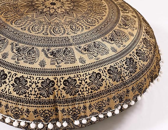 Popular Handicrafts Large Hippie Elephant Mandala Floor Pillow Cover - Cushion Cover - Pouf Cover Round Bohemian Yoga Decor Floor Cushion Case- 32" Black Gold