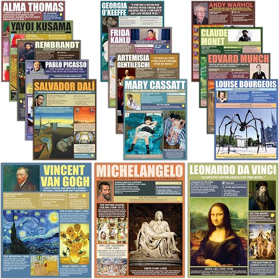 KING PRINT 16 Famous Art Posters for Classroom, Diverse Women & Men Artists Wall Art Famous Paintings, 11x14 Matte-Laminated 250gsm Van Gogh Monet