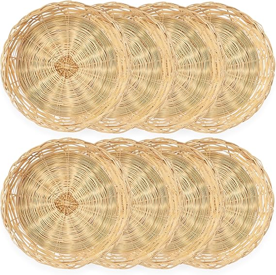 Cheardia 8 Pack Bamboo Paper Plate Holders, 10 Inches Reusable Wicker Charger Plates for Dinner Plates Natural Hand Woven Wicker Paper Plate Baskets for Home Party Daily Dinning Picnic