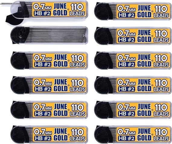 June Gold 1320 Pieces, 0.7 mm HB #2 Lead Refills, 12 Dispensers, 110 Pieces Per Dispenser, Medium Thickness, Break Resistant Lead/Graphite
