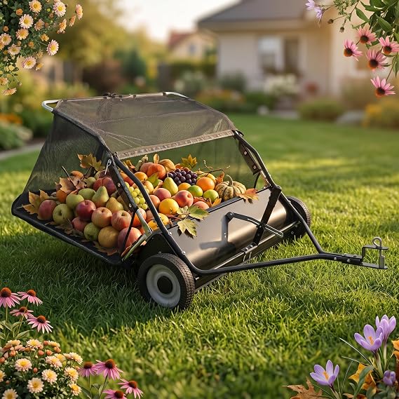 Lawn Sweeper with Adjustable Height, Tractor Tow-Behind Sweeper, Yard Sweeper Pull Behind 25 cuft Non-Woven Hopper with 44 in Sweeping Width, for Yard & Driveway Cleanup Debris Pickup