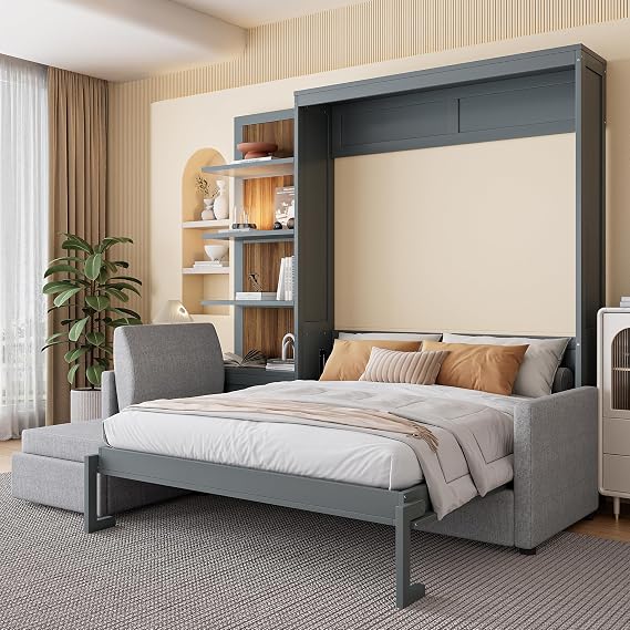 Murphy Bed with Sofa and Shelves, Versatile Wall Bed, Foldable Murphy Bed, Queen Size, Gray
