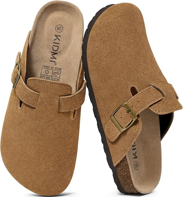 KIDMI Women's Suede Clogs Mules Cork Insoles Potato Shoes with Arch Support Dark Brown 39