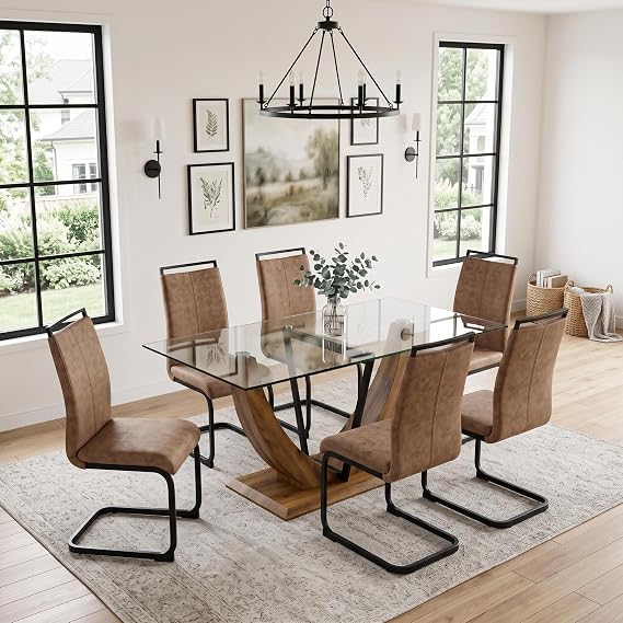 Ebullient 71''Glass Dining Table Set for 6, Modern Dining Room Table Set for 6 with Brown PU Leather Dining Chairs, Rectangular Kitchen Table Chairs Set with Wood U-Shape Table Leg for Dining Room
