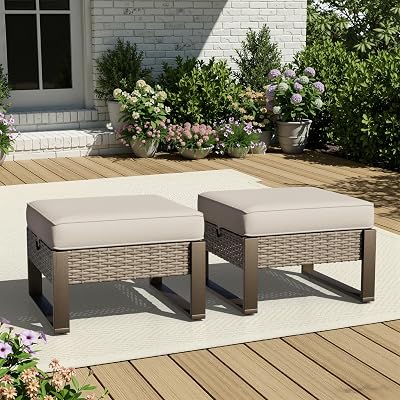Joyside Outdoor Patio, All-Weather PE Rattan Ottomans Footstools with Removable Cushions & Anti-Rust Wood-Looking Legs for Garden, Backyard, Porch, Deck Beige