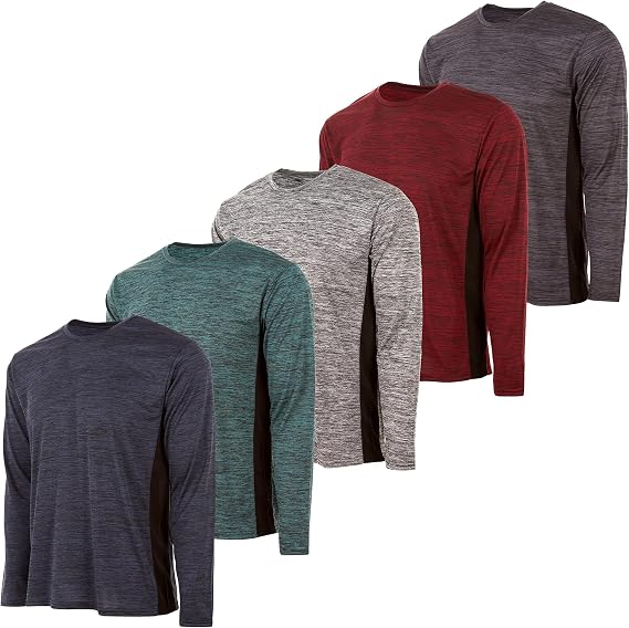 Essential Elements Mens 5 Pack Quick-Dry Crew Neck Long Sleeve Active Tee | Lightweight Moisture Wicking Fabric With Four Way Stretch, Breathable for Gym Workouts, Running and Training
