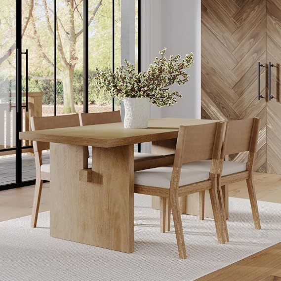 Nathan James Briggs Modern Farmhouse Dining Set for 4, Solid Wood Dining Room Table Set with 4 Upholstered Dining Chairs, Light Brown