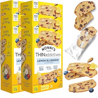 Nonnis THINaddictives Almond Thin Cookies - 6 Boxes Lemon Blueberry Cookie Thins - Almond Cookies - Sweet Crunchy & Chewy - Biscotti Individually Wrapped Cookies - Kosher Coffee Cookies - 4.4 oz