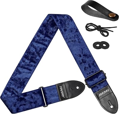 Amumu Flocked Velvet Guitar Strap with Microfiber Leather Ends - Guitar Accessories - Fits Acoustic, Bass and Electric Guitar - Navy Blue