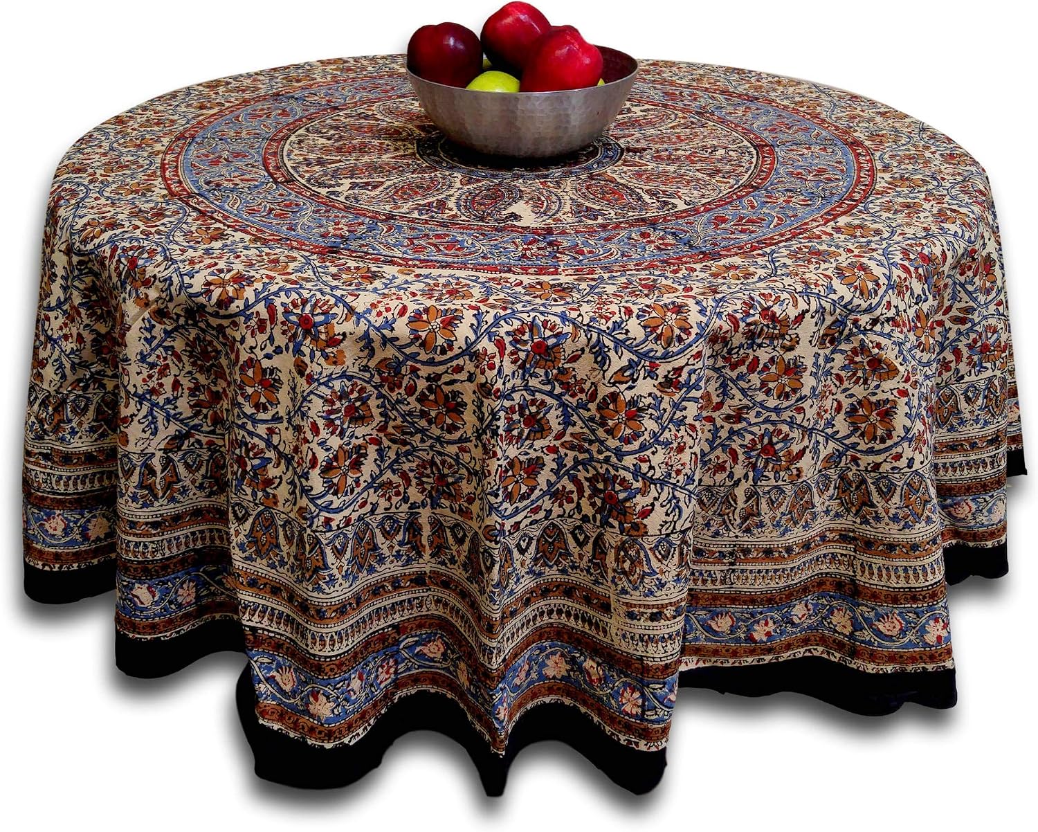 Cotton Block Print Tablecloth for Round Tables Kalamkari Mandala Paisley Floral Handmade 72 Inch Round
