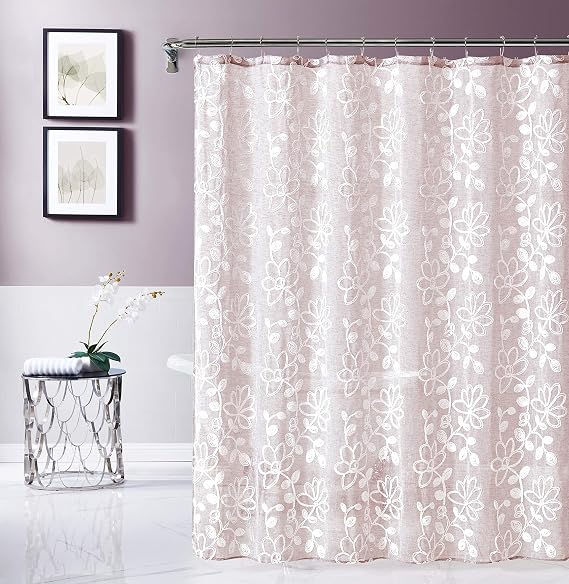 Dainty Home Bathroom 3D Stella Floral Chenille Linen Look Bath Shower Curtain 70" x 72" Water Resistant Polyester Blend Fabric Washable Perfect Cloth Shower Curtain Decor for Stylish Bathrooms