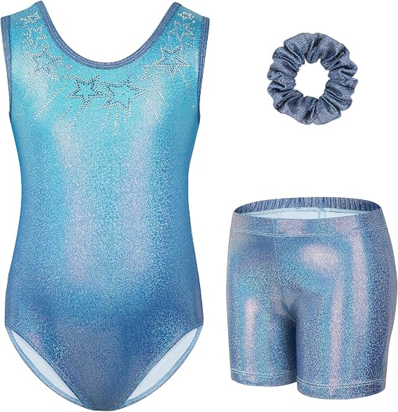 Gogokids Girls Sleeveless Sparkly Gymnastics Leotard Set with Shorts