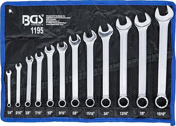 BGS 1195 Combination Spanner Set Silver 1/4 - 15/16-Inch Set of 12 Pieces Chrome vanadium steel warm forged chrome-plated ring end 15° angled ring side twelve sided tetron roll bag