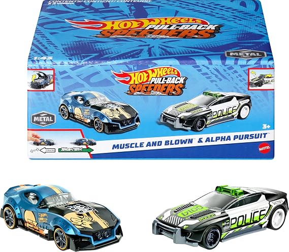 Hot Wheels Pull-Back Speeders Set of 2 Toy Cars in 1:43 Scale, Pull Cars Backward & Release, High-Performance, Collectible, with Rolomatic Engine or Door or Hood That Opens