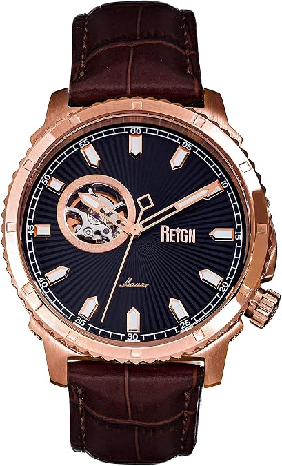 Reign Bauer Automatic Semi-Skeleton Leather-Band Watch, Rose Gold/Black, One Size, REIRN6006