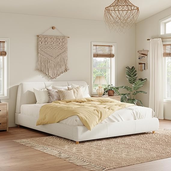 Queen Size Marshmallow Bed Frame with Soft Linen Thick Headboard, Soft Cloud Bed Frame Modern Upholstered Platform Bed Frame with Solid Wood Legs, No Box Spring Needed, White