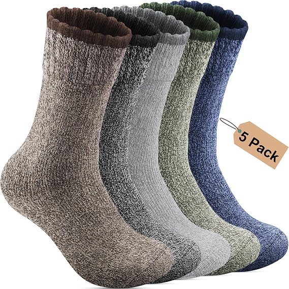 5 Pack Merino Wool Socks for Mens, Thermal Warm Thick Winter Hiking Socks