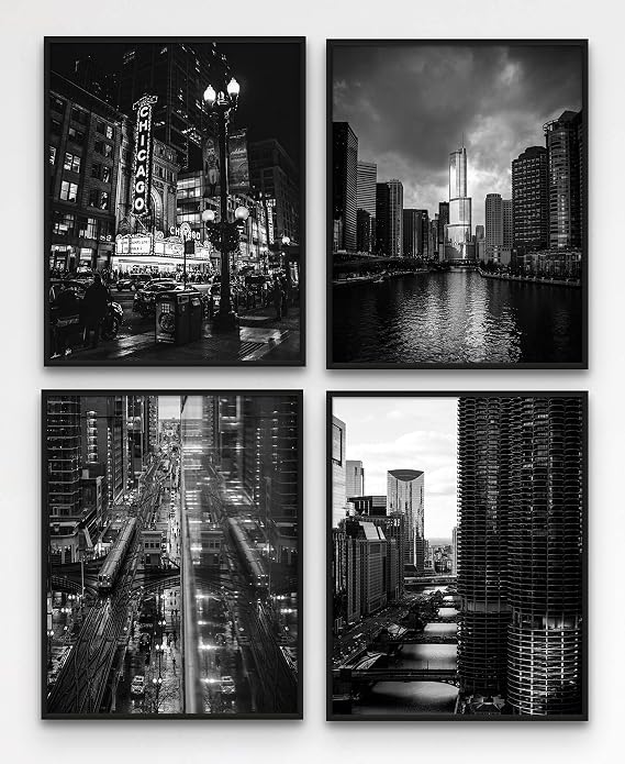 Chicago Skyline Wall Art, Chicago Wall Art, Chicago Skyline Print, Chicago Decor, Chicago City Pictures for Wall, Chicago Street Map, Chicago Skyline Wall (8x10 B&W Unframed)