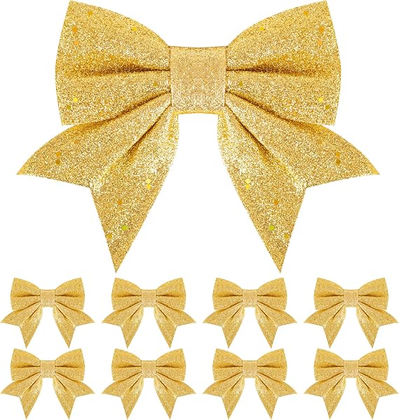 8 Pack Glitter Gold Christmas Bows Christmas Tree Bows 6 inch Wide, Gold Bows for Christmas Tree Decorations Gift Wrapping Ornaments Xmas Wreath Bows Garland Crafting Decorations Bows Supplies