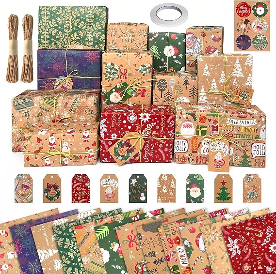 12 Sheets Kraft Christmas Gifts Wrapping Papers Set With Tags Stickers and Twine, Thick Recyclable Xmas Gift Wrap Paper for Kids Children Adults Present Arts Crafts Decorations, Large Size 50X70 cm