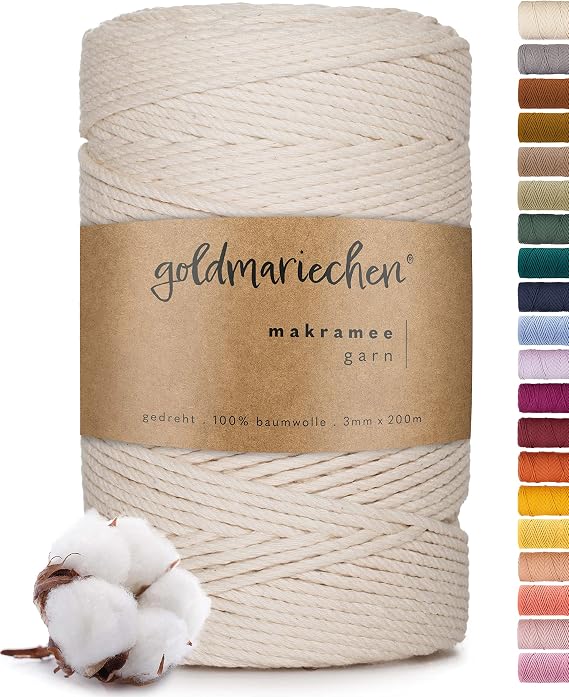 goldmariechen Premium Macrame Yarn (Natural) 3 mm x 200 m 100% Cotton Plastic-Free Packaging Macrame Cotton Yarn for DIY Crafts