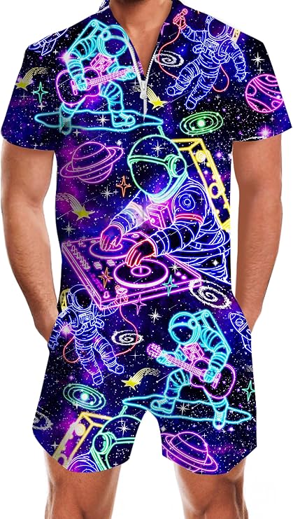 Goodstoworld Male Hawaiian Romper Fashion Zipper Slim Fit Jumpsuit with Pocket S-XXL