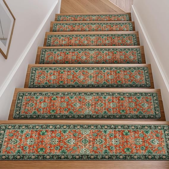 Vintage Stair Treads Non-Slip Stair Runners for Wooden Steps Indoor | 15PCS 30"x8" Carpet Stair Treads Stair Mats Staircase Step Treads for Kids, Elders and Dogs, Stair Covers, Red