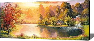 Large-size canvas wall art landscape painting hand-painted green mountains and green water maple trees small river fishing boats farmhouse landscape artist living room bedroom decoration 20x50inch