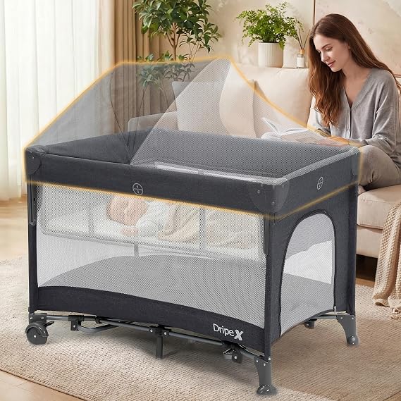 Dripex 5 in 1 Baby Bassinet, 2-Level Height Bedside Bassinet, Storage Pocket & Breathable Mesh - Foldable Portable Bedside Crib for 0 to 12 Months, Dark Grey