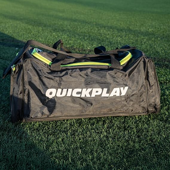 QUICKPLAY Soccer Kit Bag - Black Sports Bag with Green Zip Highlight | Durable for Sports Gear | Easy to Carry Shoulder Strap | Strong Reinforced Base | Weather Resistant Material