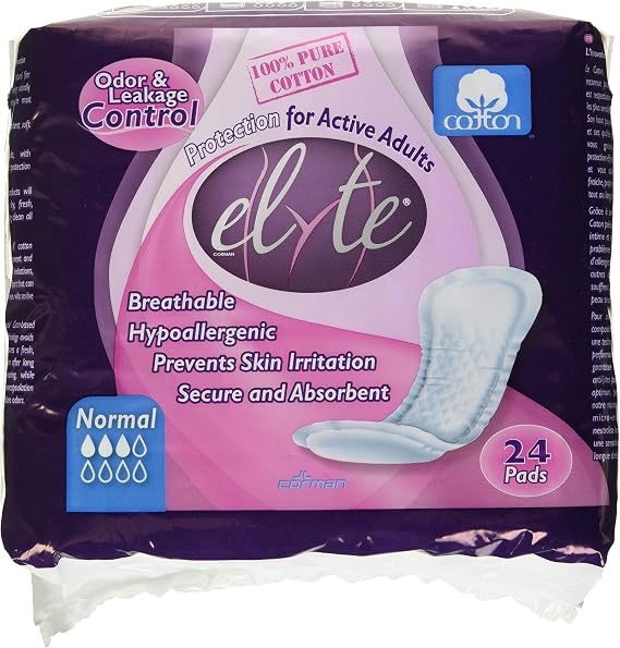 Elyte 100% Pure Cotton Bladder Control Pads-Sensitive Skin Safe, Normal, 24 Count