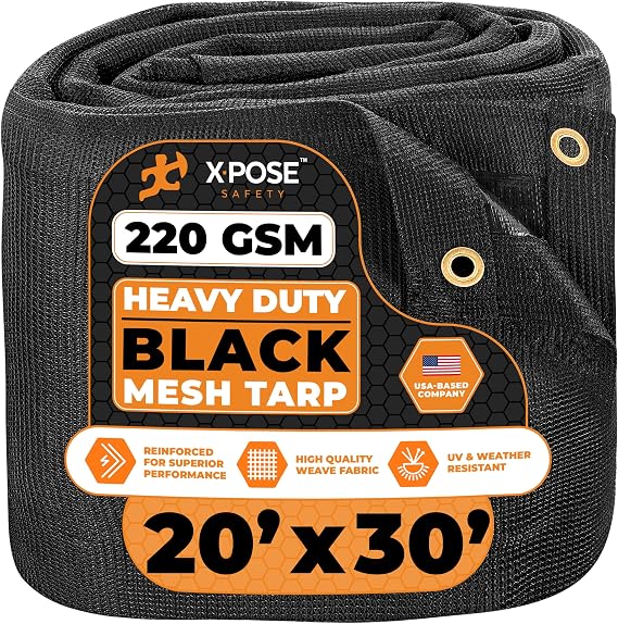 Xpose Safety Heavy Duty Mesh Tarp 20' x 30' Multipurpose Black Protective Cover with Air Flow - Use for Tie Downs, Shade, Fences, Canopies, Dump Trucks Weather and Tear Resistant