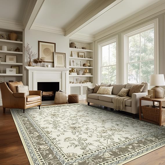 Modern Area Rugs 6x9 for Bedroom Khaki Cream Floral Rug Washable Non Slip | Taupe with Beige Tan Flower Design, Peony Sketch Pattern Printed, Carpet with Low Pile Foldable, for Living Dining Room