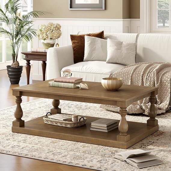 45'' Farmhouse Wood Coffee Table with Open Storage Shelf, 2-Tier Mid Century Modern Coffee Table with Artistic Vase Column Legs, Luxury Center Table for Living Room Home Office, Brown