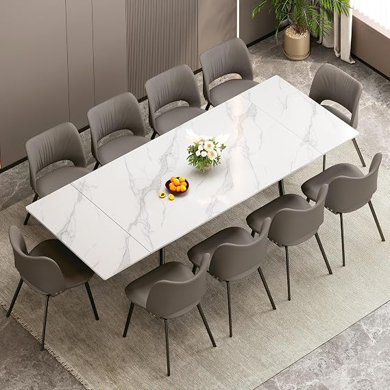 62.9"-94.4" Extendable Dining Table, White Sintered Stone Top