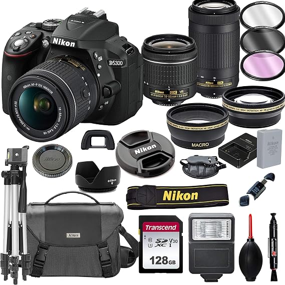 Nikon D5300 DSLR Camera with 18-55mm VR and 70-300mm Lenses + 128GB Card, Tripod, Flash, and More (20pc Bundle)