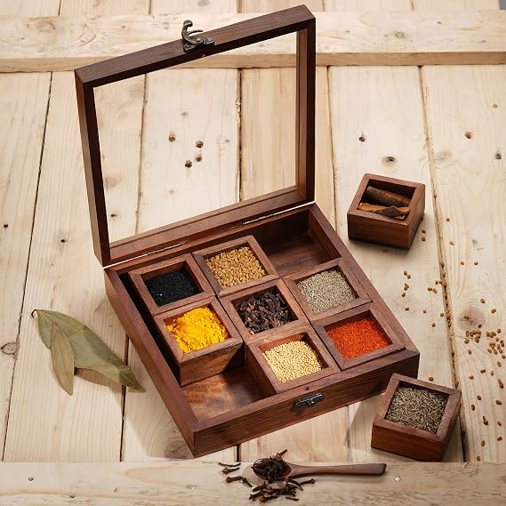 Ajuny Wooden Spice Box 9x9 Inch - Decorative Masala Dabba Organizer with Glass Lid, 9 Compartments & Spoon, Spice Storage Container, Ideal for Seasonings & Herbs, Perfect for Gift