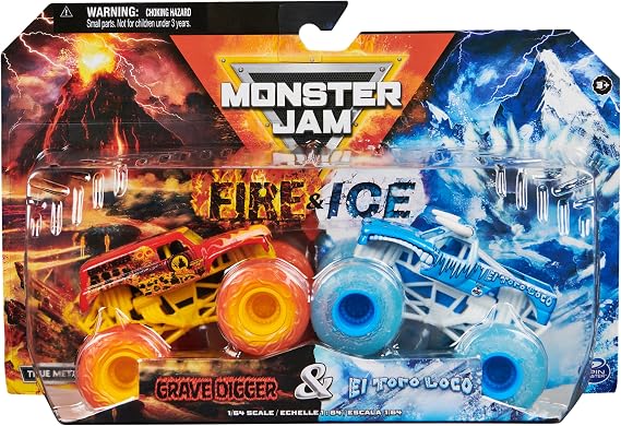Monster Jam, Official Fire and Grave Digger and El Toro Loco Die-Cast Monster Trucks, 1:64 Scale, Kids Toys for Boys Ages 3 and up