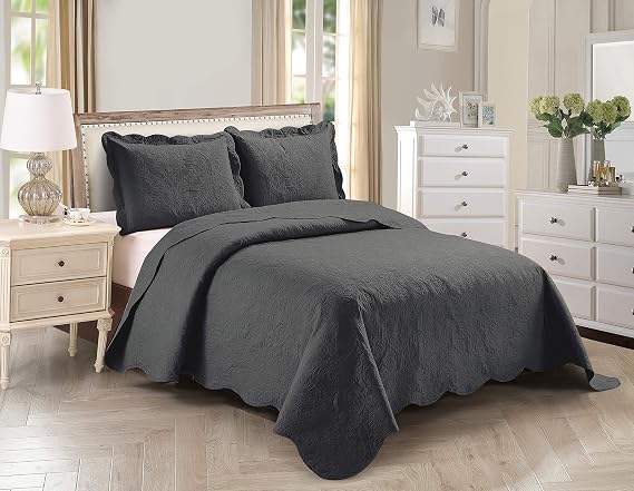 Home Collection 3pc Full/Queen Over Size Elegant Embossed Bedspread Set Light Weight Solid Charcoal Dark Grey New# Stacy