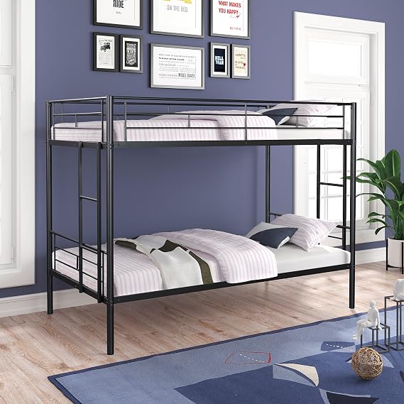 Metal Bunk Bed Twin Over Twin Sturdy Heavy Duty Bunk Beds with 2 Ladder, Bunk Bed with Guardrail, Ladder for Teens, Girls, Boys,No Box Spring Needed (Black)