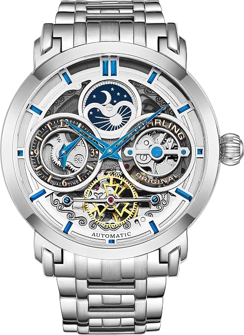 Stuhrling Original Mens Watch Stainless Steel Automatic, Skeleton Dial, Dual Time, AM/PM Sun Moon, Stainless Steel Bracelet, 371B Watches for Men Series
