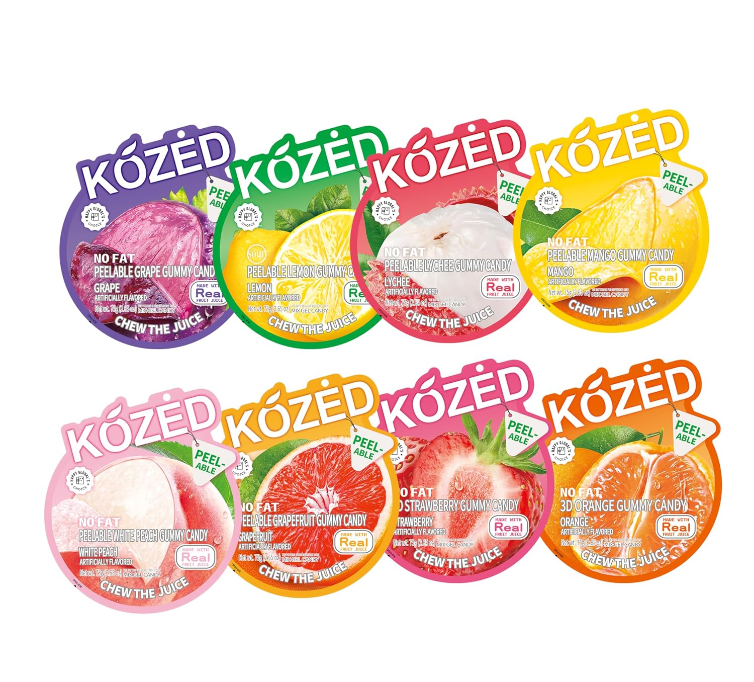 KOZED Peelable Gummy Candy, 8 Fruit Flavors, No Fat, Made with Real Fruit Juice, 6 Pack Mystery Mix