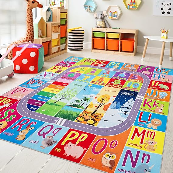 UKISS ABC Kids Rug,Toddler Educational Play Rug for Learning Alphabet, Numbers, Colors, Seasons and Animal Words,55"x55"Washable Classroom Area Rugs,Non-Slip Kids Play Mat Carpet for Playroom