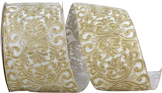 Ribbon - Filigree Embroidery Velvet Opulence Wired Edge, White/Gold, 4 Inch, 10 Yards