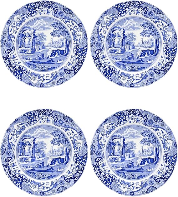 Spode Blue Italian 9-Inch Porcelain Luncheon Plates - Set of 4 Classic Round Dishes with Eastern-Inspired Border - Elegant Blue & White Tableware Gift for Everyday Meals & Hosting