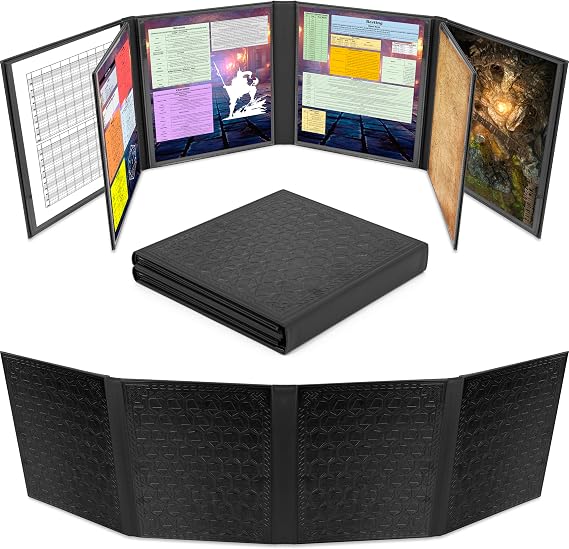 CASEMATIX DM Screen Faux Leather 8-Panel Deluxe GM Screen - Eight Panel Folding Game Master Screen with 2 Swinging Panels and Wet Erase Pockets for TTRPGs, Inserts Not Included, Black