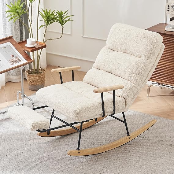 Rocking Chair Nursery, Modern Teddy Upholstered Gliding Rocking Chair with High Back, Retractable Footrest, and Adjustable Backrest for Bedroom Living Room Lounge (Beige)