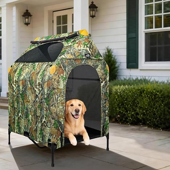 Privacy Outdoor Dog House & Elevated Bed 2-in-1, UPF50+ Sun Rain Protection, Breathable Camping Pet Tent with Cover, Portable for Indoor & Backyard Use(M)
